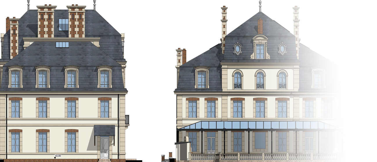 Plan des façades d'un manoir en restauration